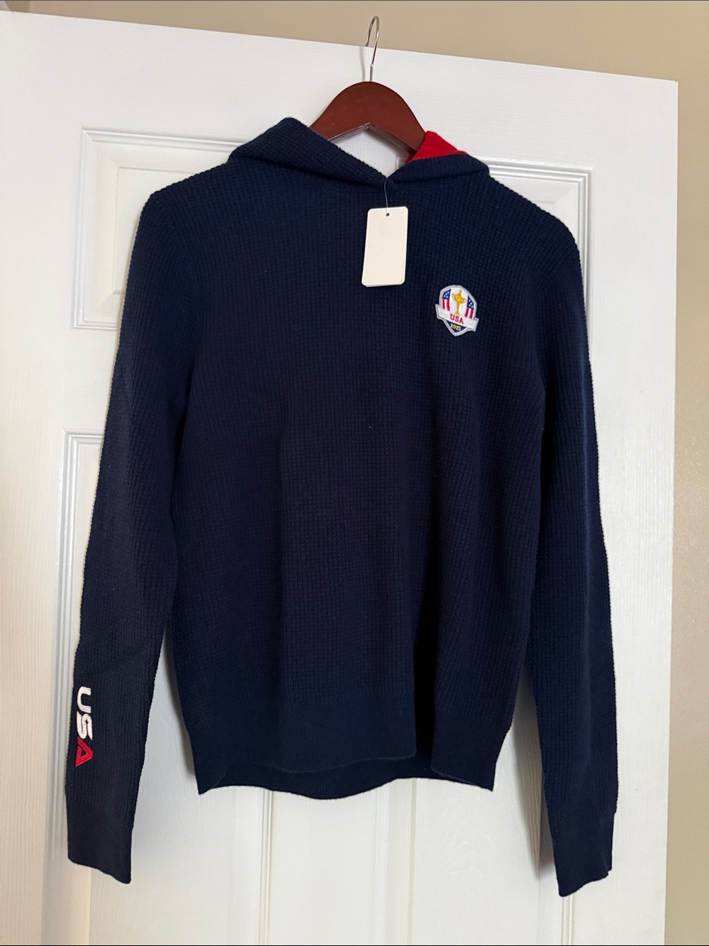 RLX Ralph Lauren Navy Hooded Knit Sweater with Red Accent